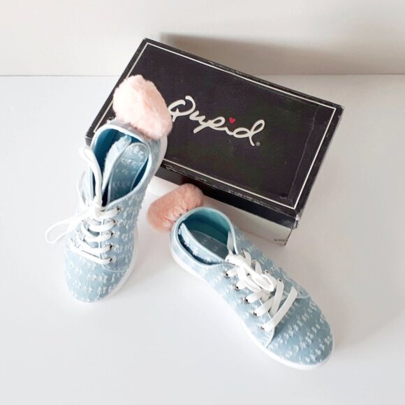 NWT / NIB Qupid blue denim-like bunny ear lace up faux fur pom pom sneakers - Picture 7 of 14